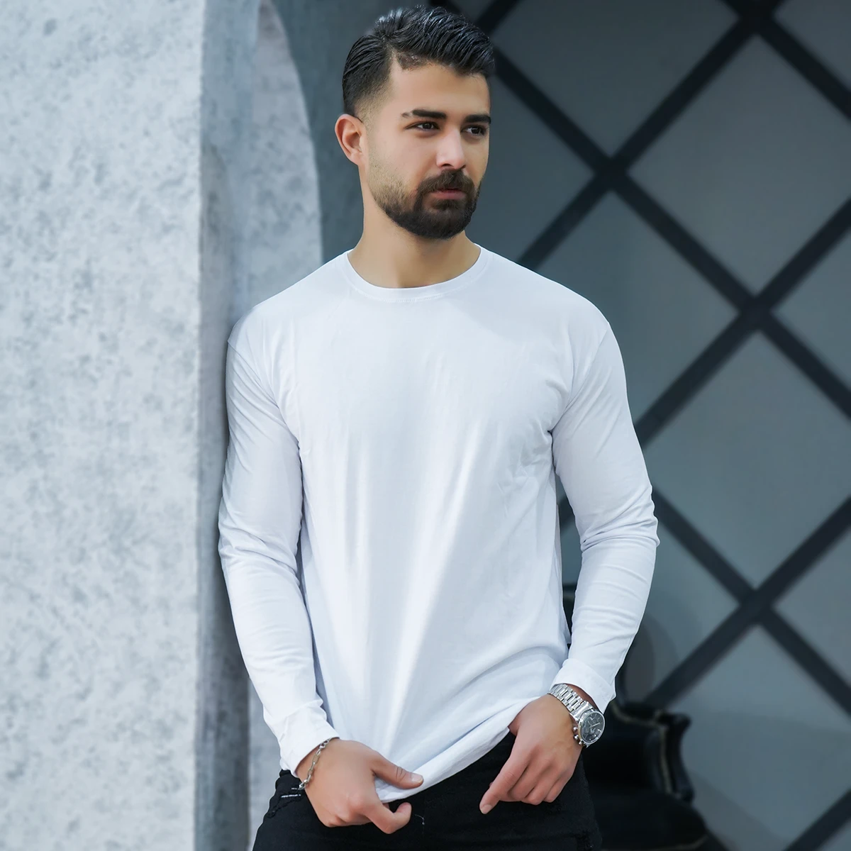 تیشرت آستین بلند سفید مردانه مدل Vala