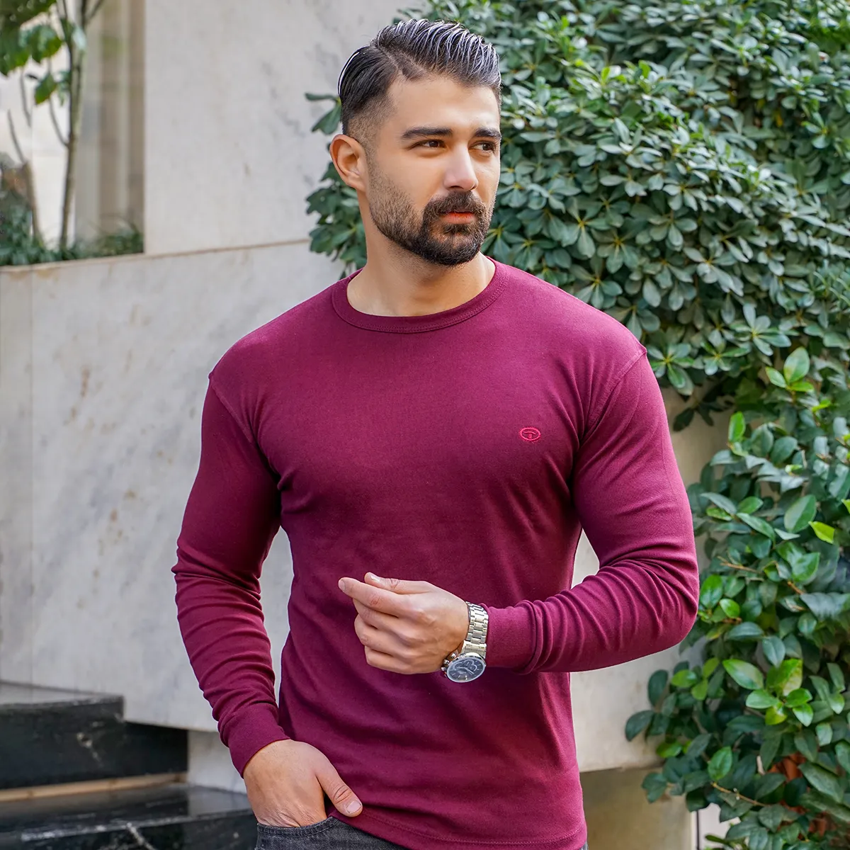 تیشرت مردانه آستین بلند زرشکی مدل Tom Tailor