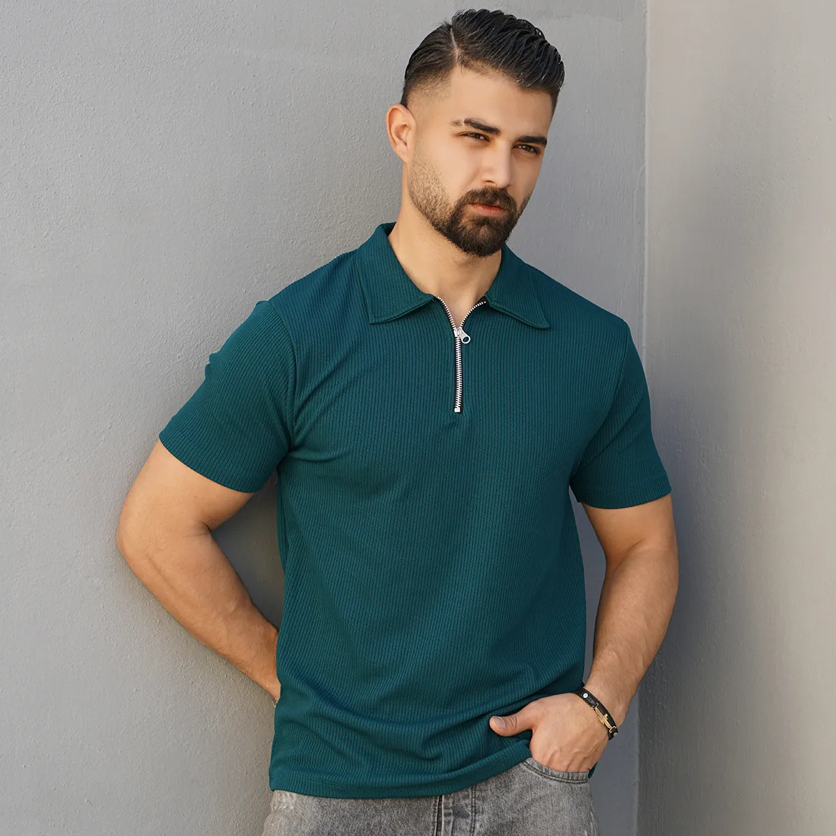 تیشرت مردانه یقه زیپ دار سبز مدل Arban