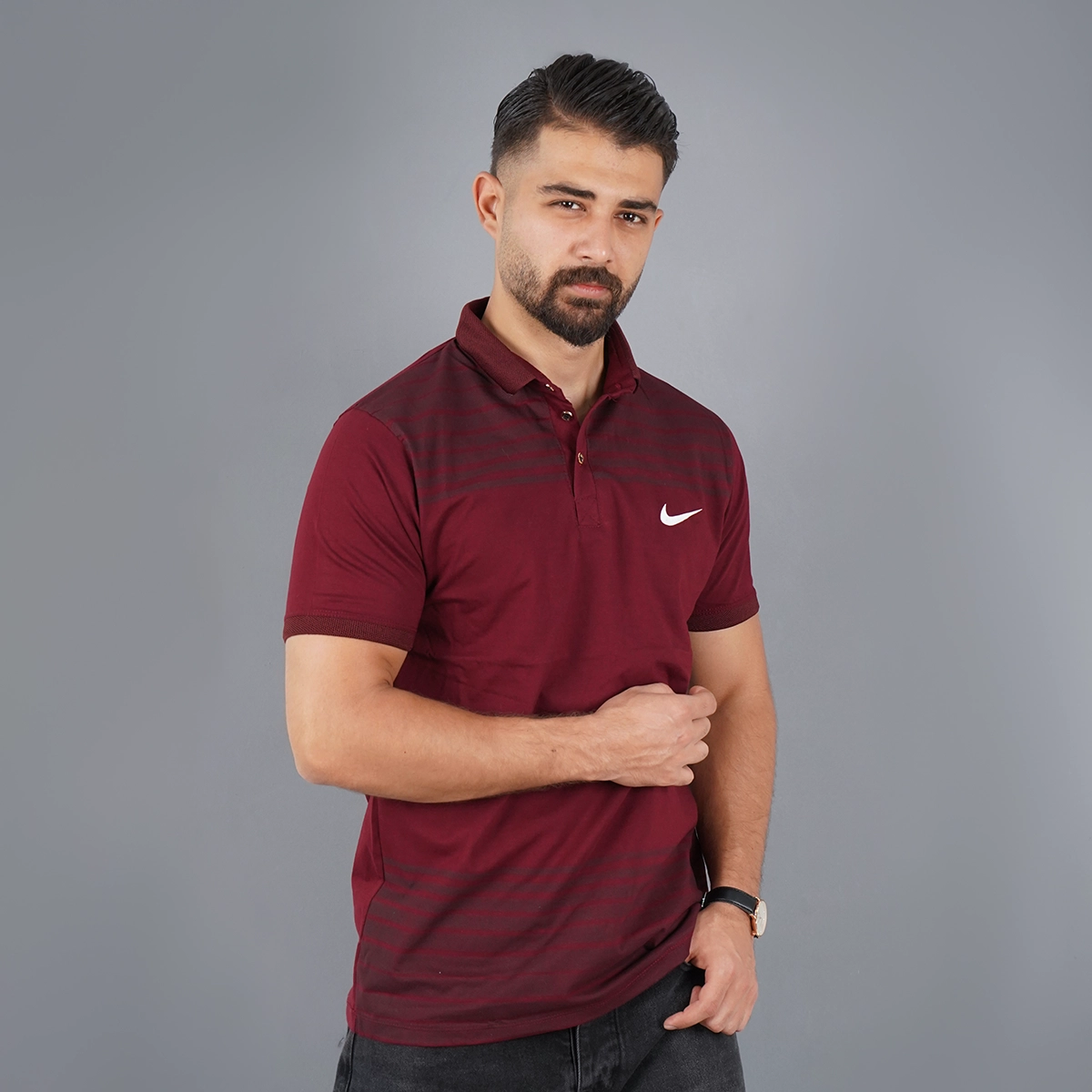 تیشرت یقه دار راه راه زرشکی مدل Farhan