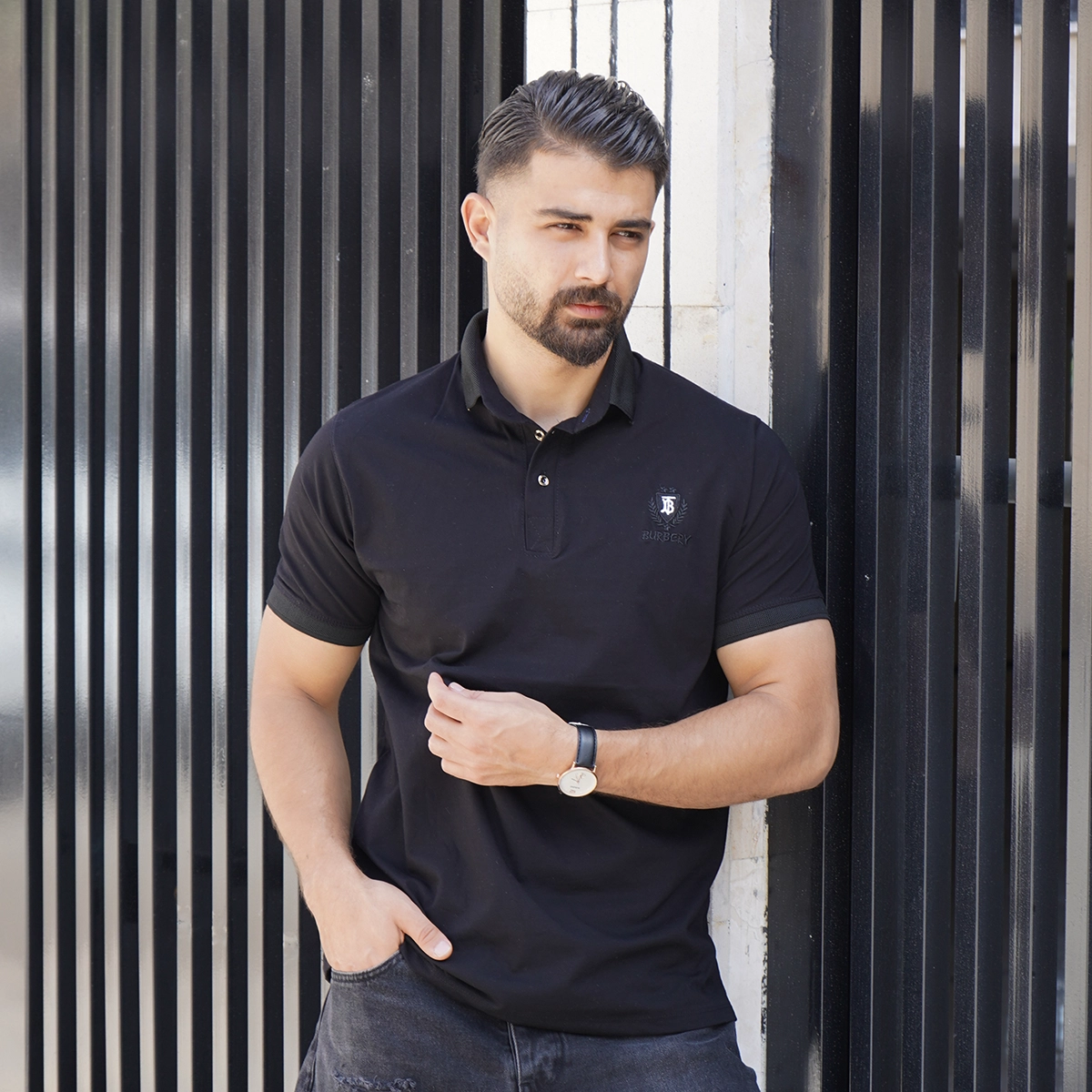 تیشرت یقه دار مشکی مردانه مدل Taha