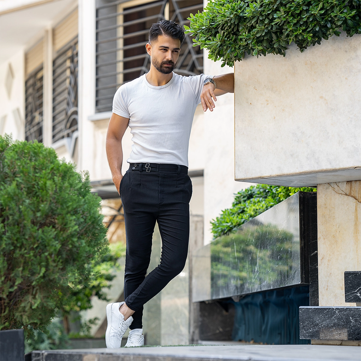 شلوار مردانه مشکی دو دکمه دو سگک مدل kyanosh