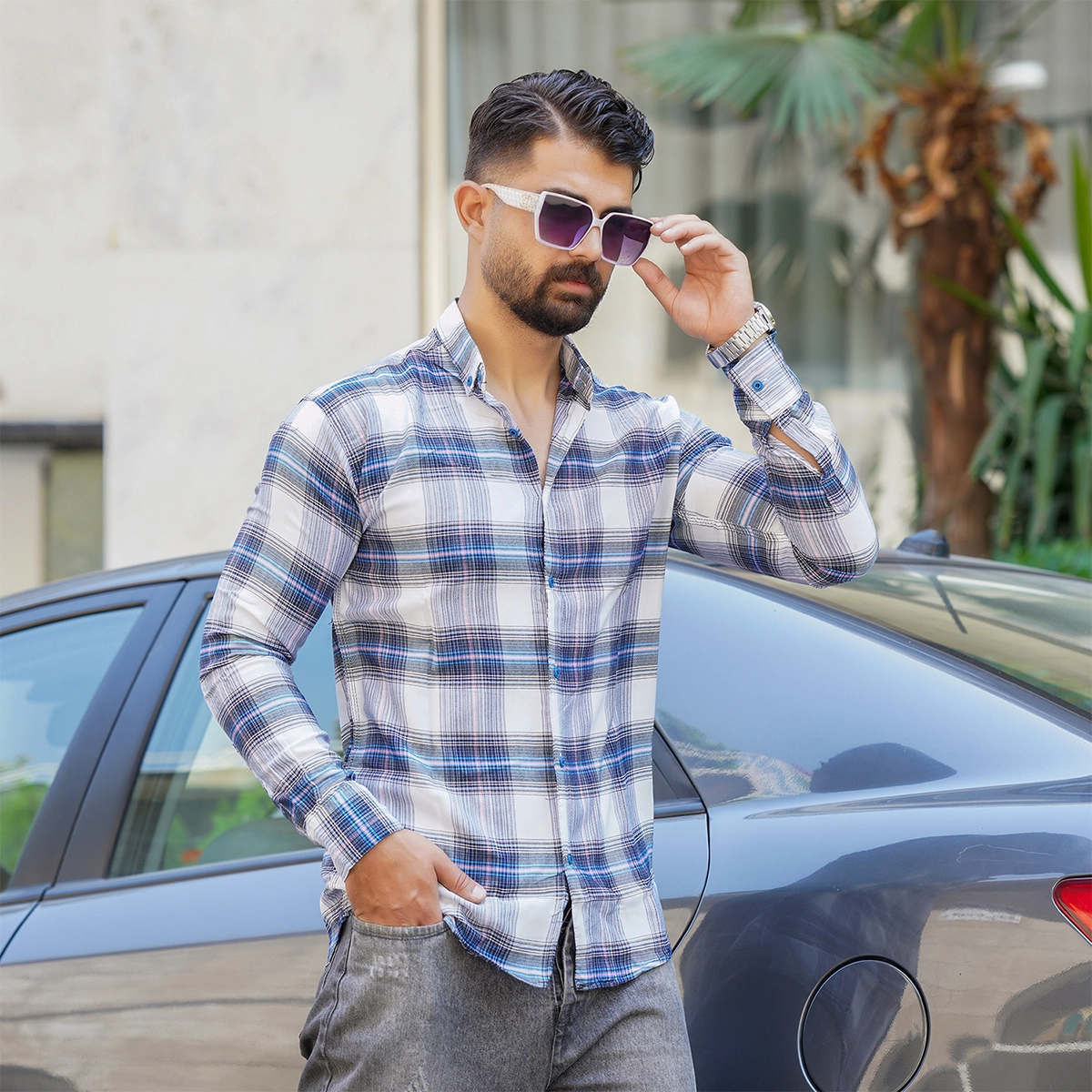 پیراهن چهارخونه آبی سفید مردانه مدل Sany