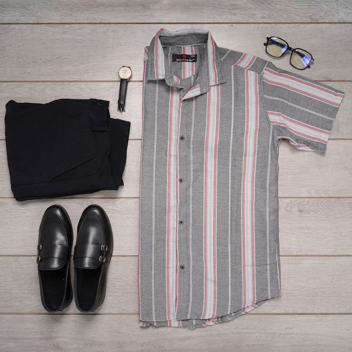 پیراهن راه راه طوسی قرمزطرح کنفی مردانه مدل Dara