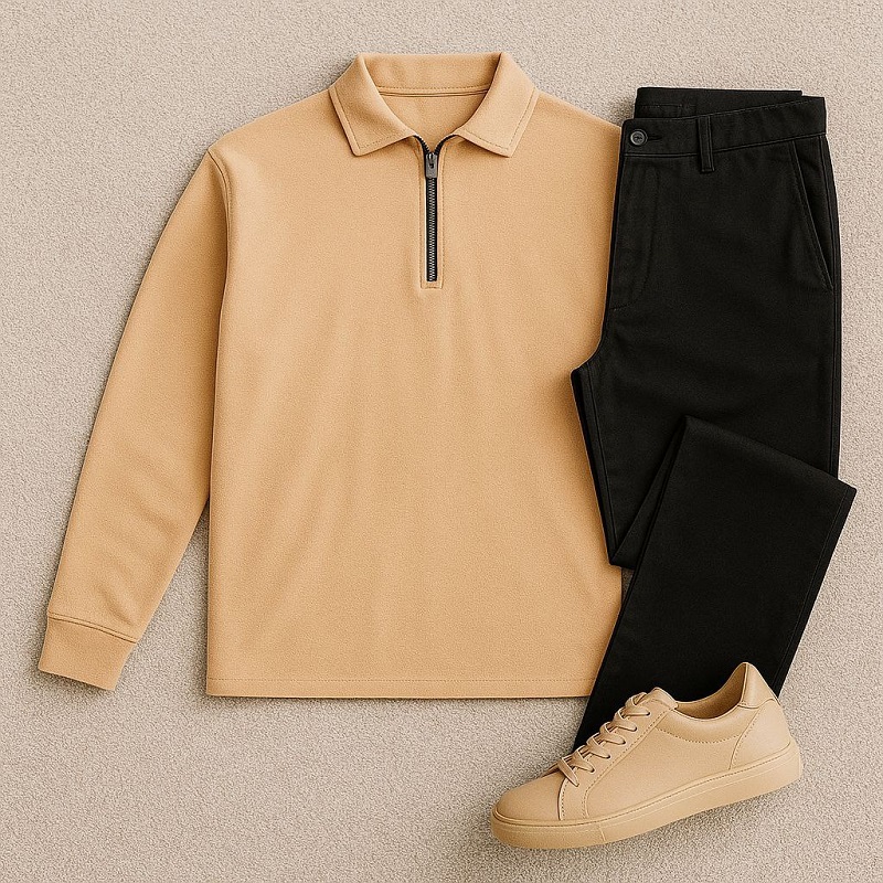 بلوز مردانه نیم زیپ آستین بلند کرم مدل FARBOD