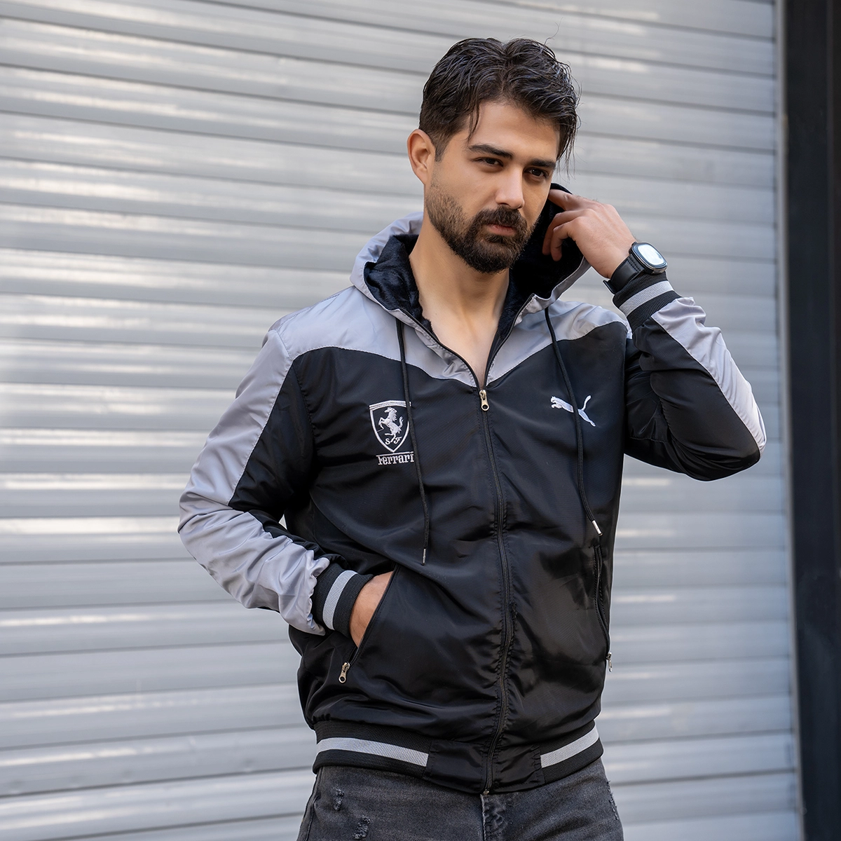 کاپشن مشکی طوسی مردانه مدل Ferrari