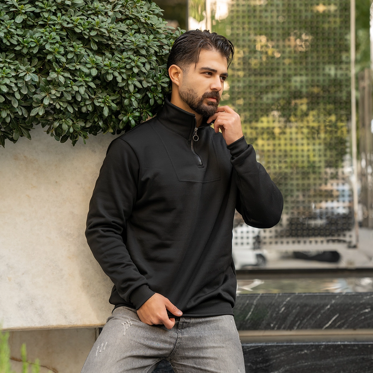 هودی نیم زیپ مردانه مشکی مدل Shobin
