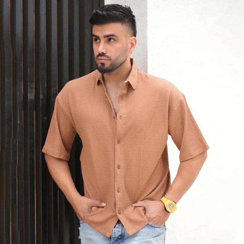 پیراهن مردانه باکسی سوزنی قهوه ای