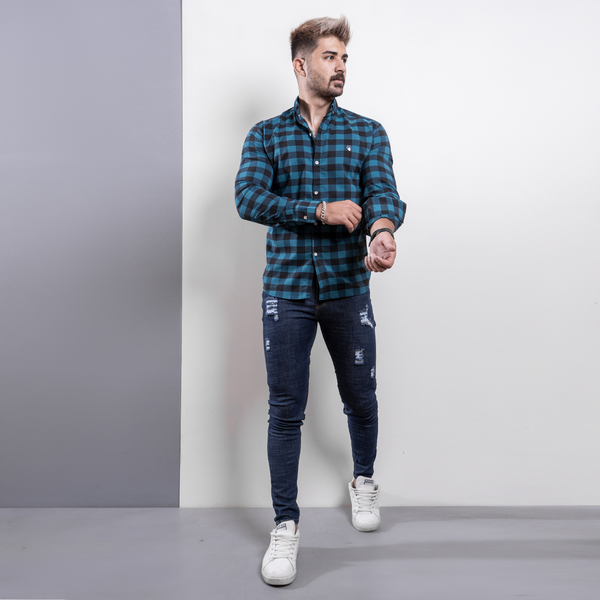 پیراهن شطرنجی سبز مردانه مدل Crown