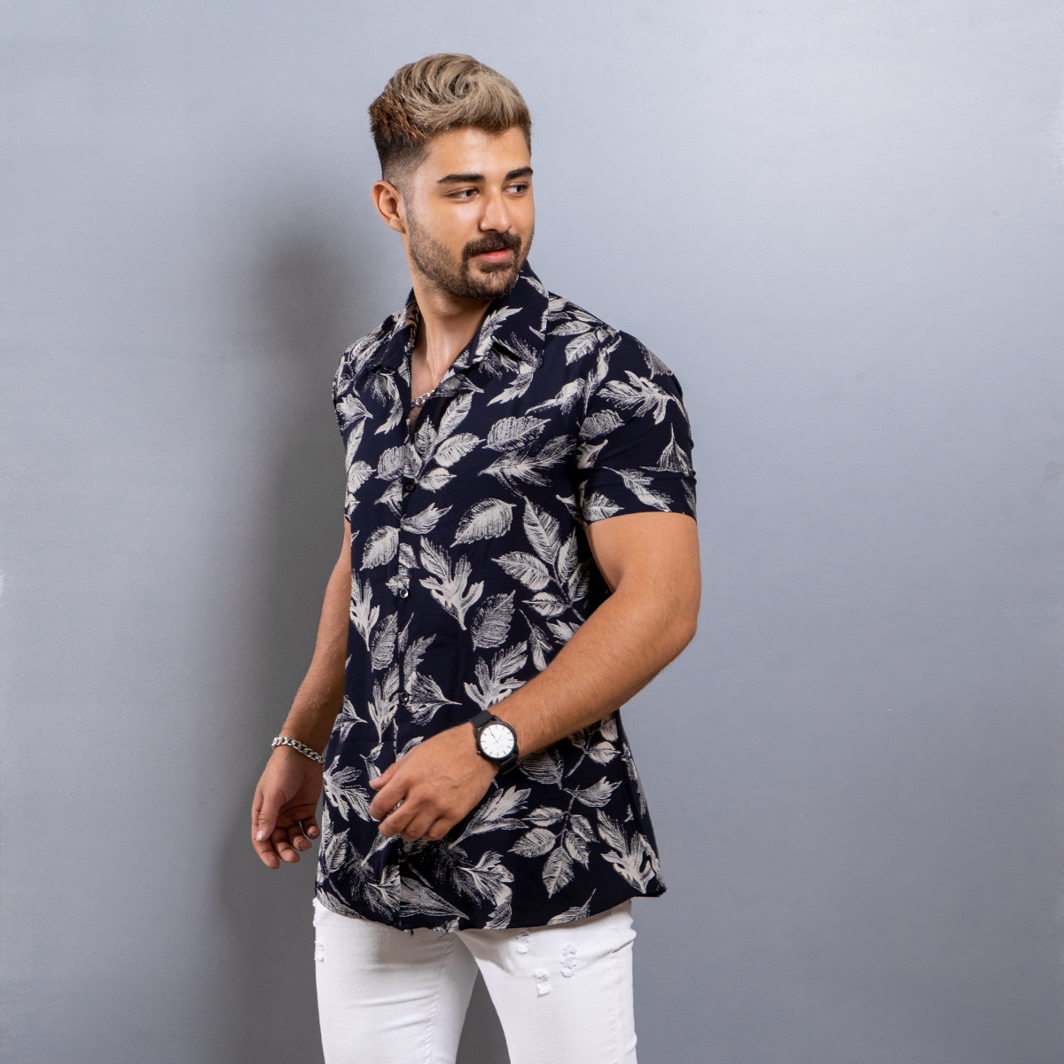 پیراهن هاوایی مردانه سرمه ای مدل Tinkal-