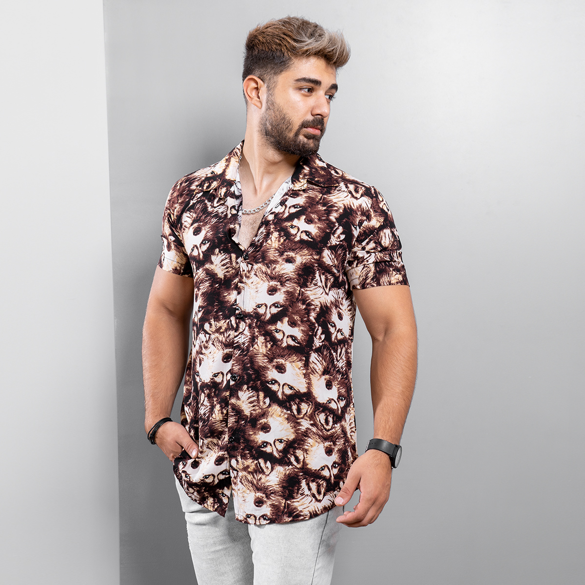 پیراهن هاوایی مردانه مدل Wolf